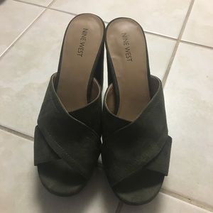 Dark green suede platform wedge sandals